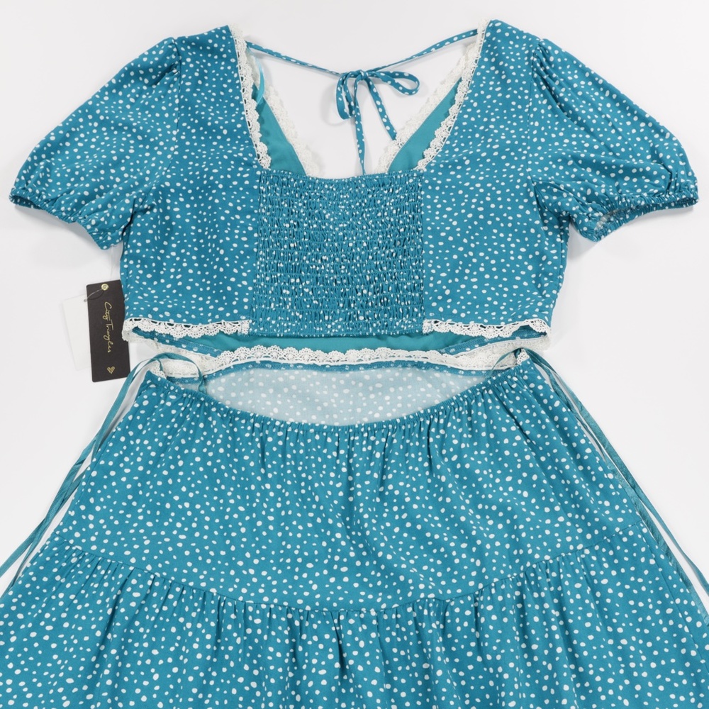 City Triangles Women's V Neck Puffed Sleeve Dot Woven Flare Dress Green Size L - Picture 6 of 9